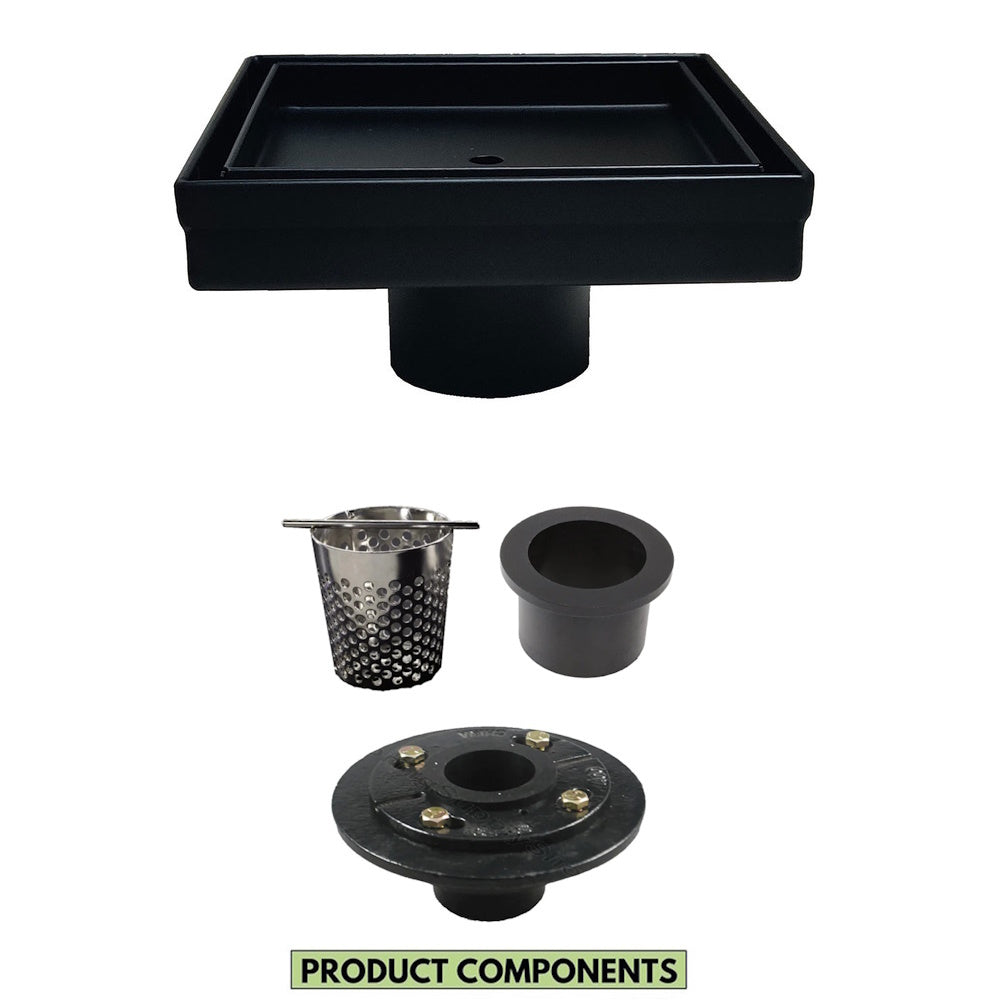 5 Inch Tile Insert Square Black Shower Drain with Hair Trap and Base Flange
