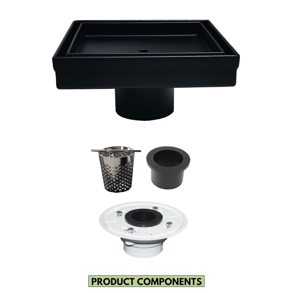 5 Inch Tile Insert Square Black Shower Drain with Hair Trap and Base Flange
