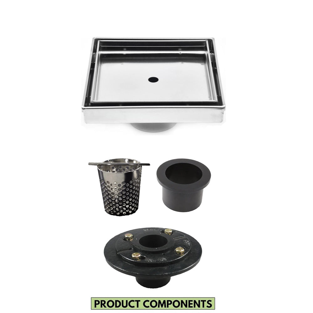 6 Inch Square Tileable Shower Drain with Hair Strainer and Drain Flange