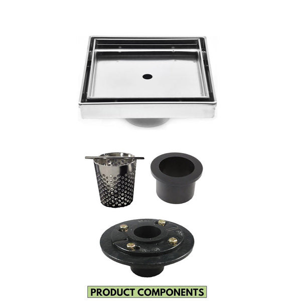 5 Inch Brushed Square Tile in Drain with Hair Trap and Drain Flange Kit