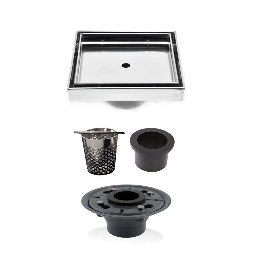 4 Inch Brushed Tile-in Shower Drain with Hair Trap and Base Flange Kit