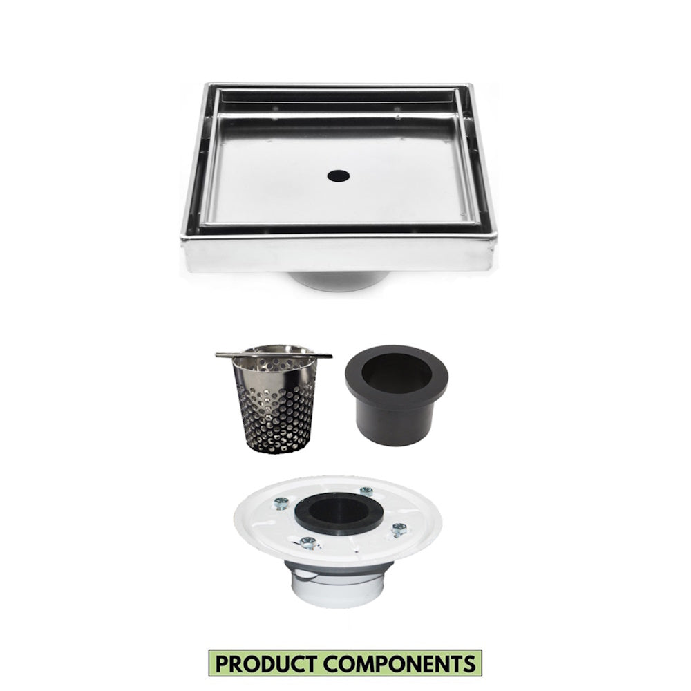 6 Inch Square Tileable Shower Drain with Hair Strainer and Drain Flange