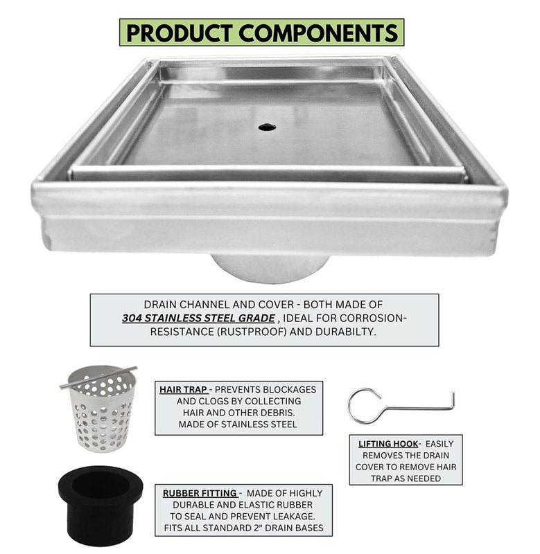 6 Inch Square Tileable Shower Drain with Hair Strainer and Drain Flange