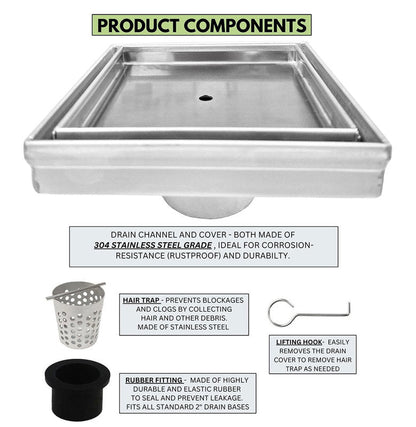 5 Inch Brushed Square Tile in Drain with Hair Trap and Drain Flange Kit