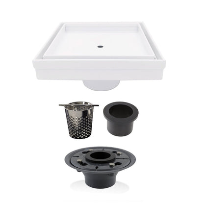 5 Inch White Tile-in Shower Drain with Hair Trap and Base Flange Kit