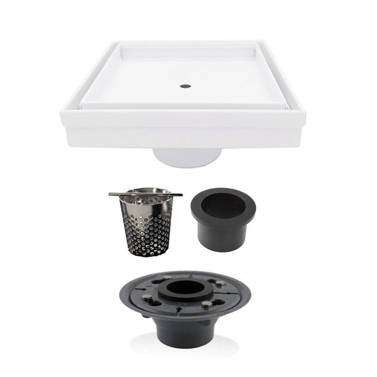5 Inch White Tile-in Shower Drain with Hair Trap and Base Flange Kit