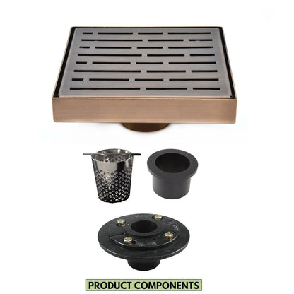 6 Inch Bronze Square Drain Cover Kit with Hair Trap and Base Flange - Broken Lane Design