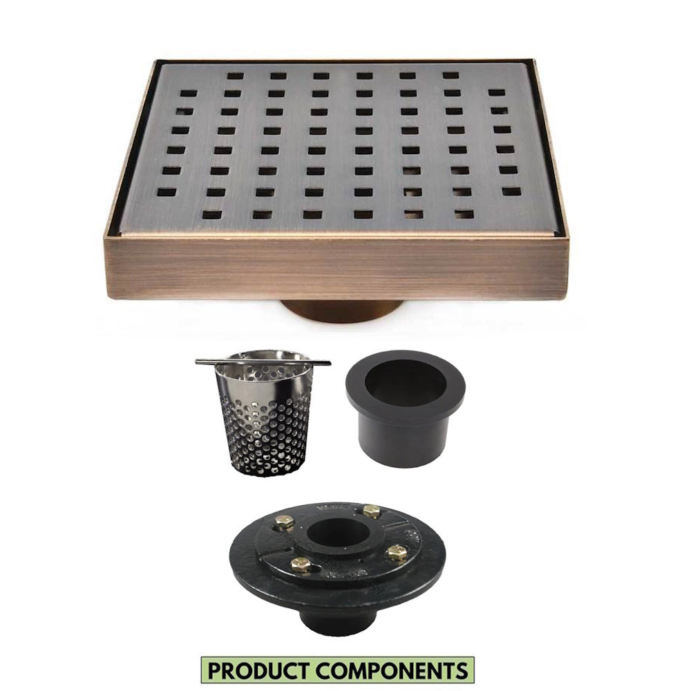 6 Inch Bronze Shower Drain Kit with Hair Trap and Base Flange – Traditional Square Design
