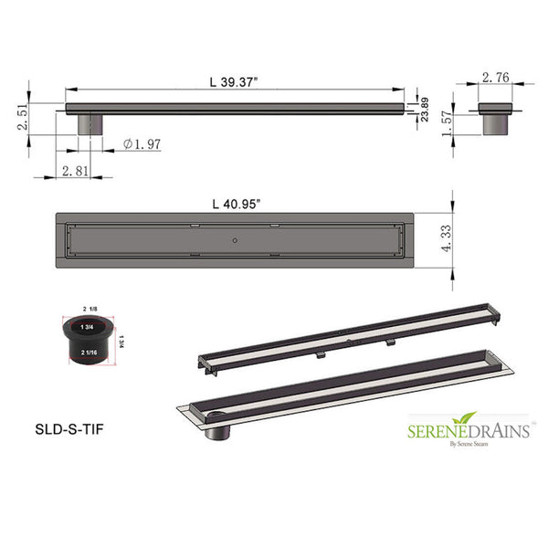 40 Inch Linear Shower Drain Offset Outlet, Side Outlet Drain with Hair Strainer | SereneDrains