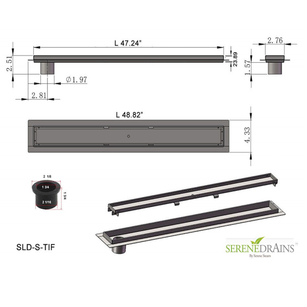 Offset Linear Shower Drain 48 Inch with Hair Trap by SereneDrains