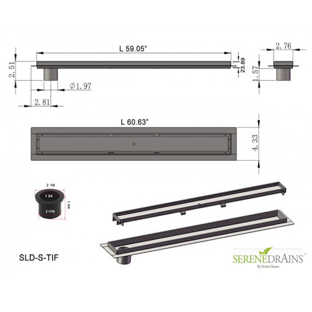 60 Inch Side Outlet Linear Shower Drain with Hair Trap by SereneDrains