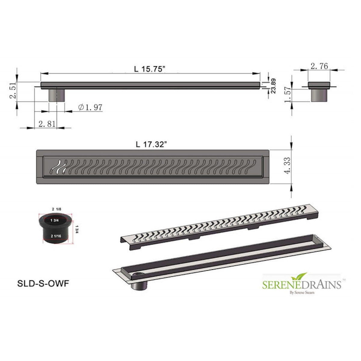 Offset Linear Shower Drain, 16 Inch, Premium Stainless Steel, SereneDrains