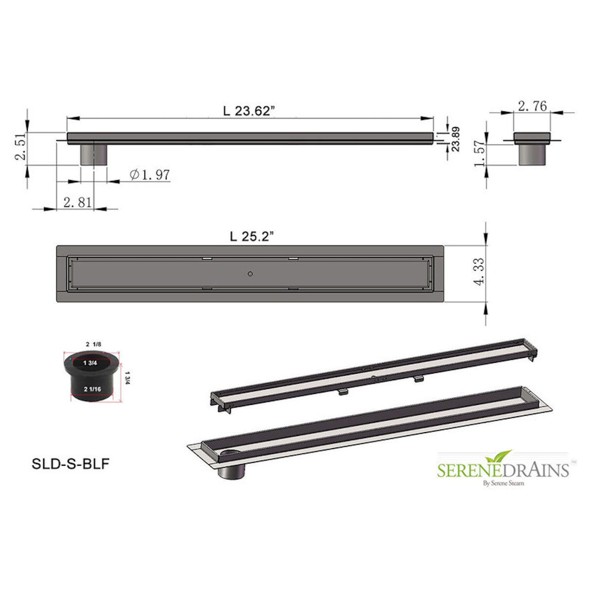 24 Inch Linear Shower Drain Offset Outlet with Hair Strainer by SereneDrains