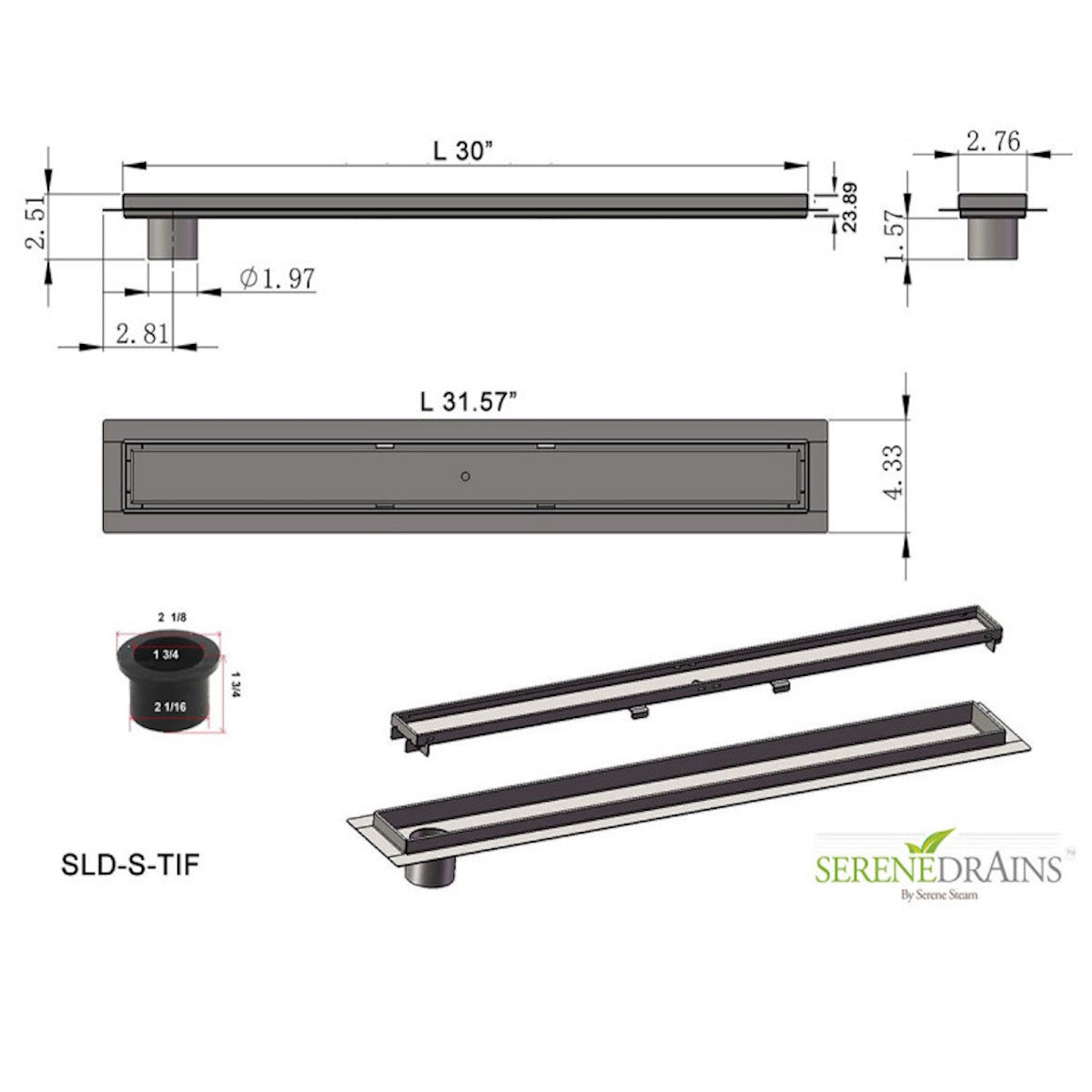 30 Inch Linear Drain Offset Outlet with Hair Strainer by SereneDrains