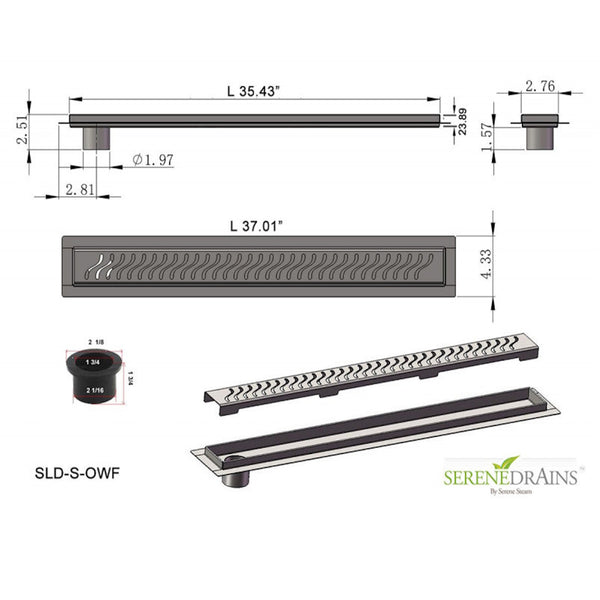Side Outlet Linear Shower Drain 36 Inch with Hair Trap by SereneDrains
