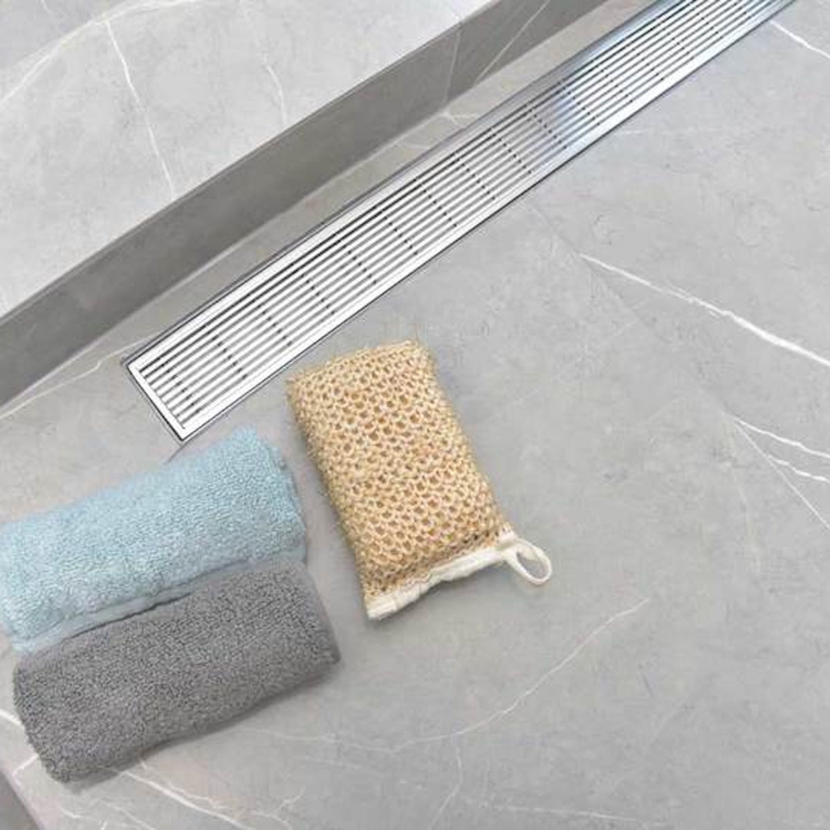 Linear Floor Drain Brushed Nickel Wedgewire Design, SereneDrains