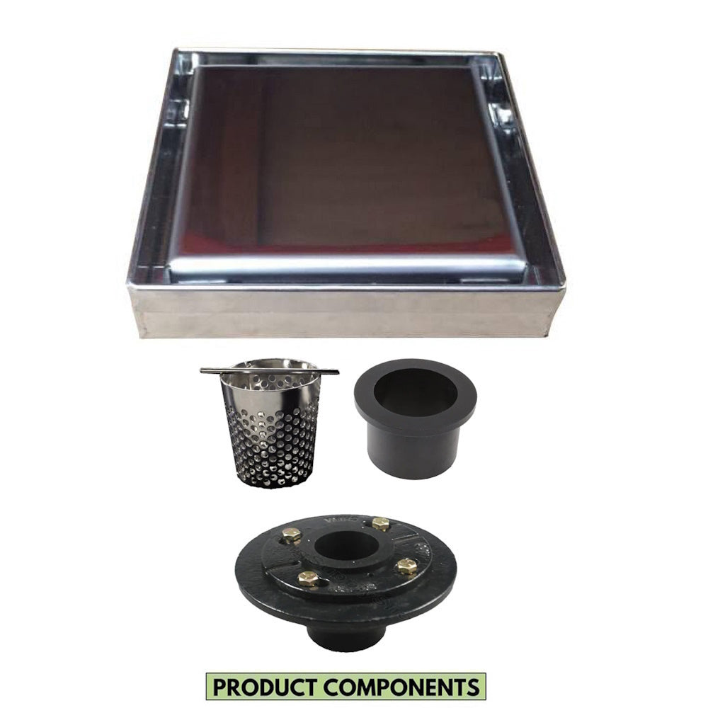 5 Inch Brushed Solid Flat Cover Square Drain with Hair Strainer and Base Flange
