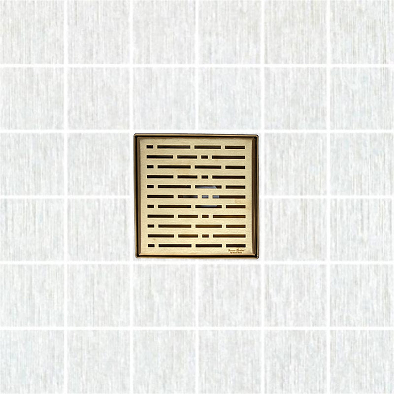 6 Inch Gold Square Shower Drain Cover with Hair Trap and Base Flange – Broken Lane Design