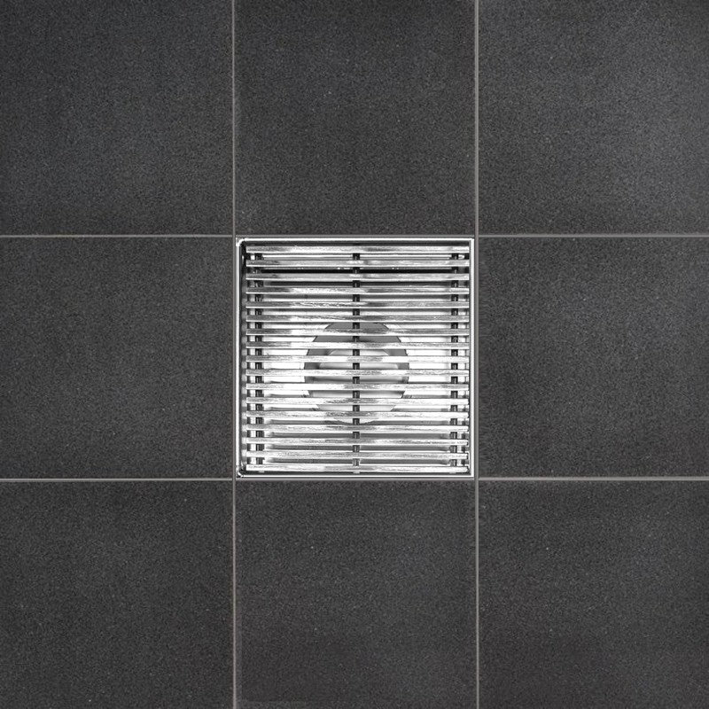 4 Inch Polished Chrome Square Floor Drain Wedge Design by SereneDrains with Hair Trap 