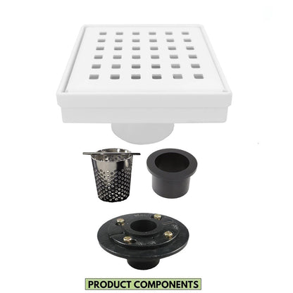 4 Inch Matte White Floor Drain with Hair Trap and Base Flange – Traditional Square Design