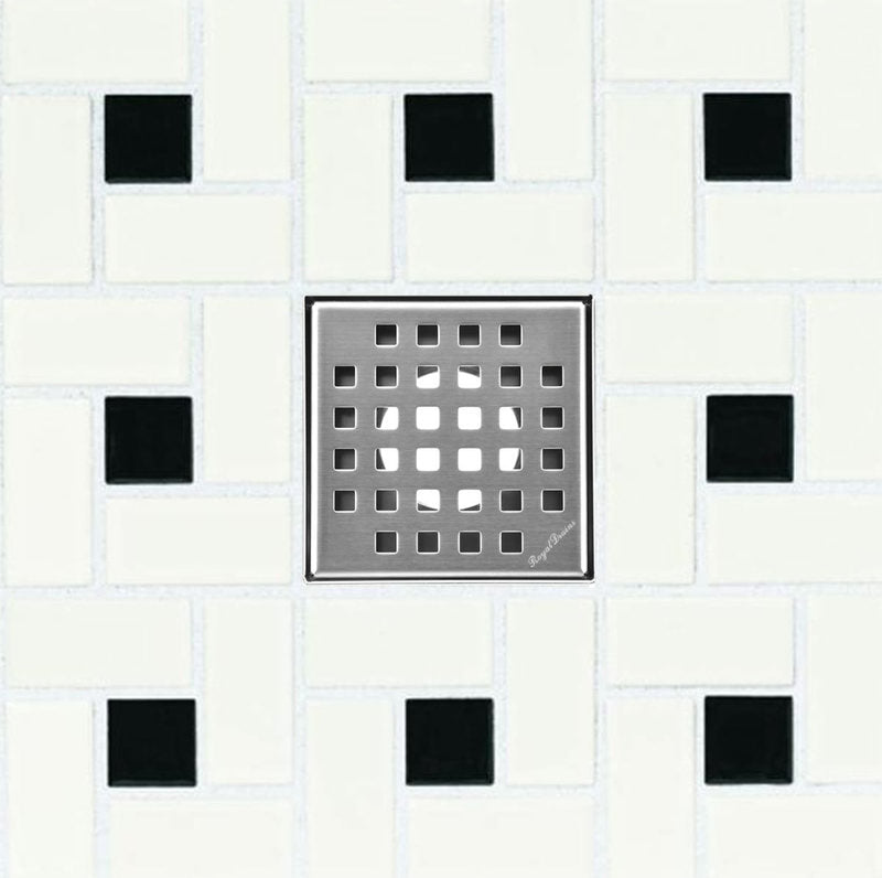 4 Inch Brushed Square Drain Kit with Hair Trap and Base Flange – Traditional Square Design