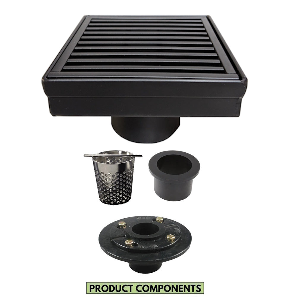 4 Inch Black Square Floor Drain with Hair Trap and Base Flange Wedgewire Design