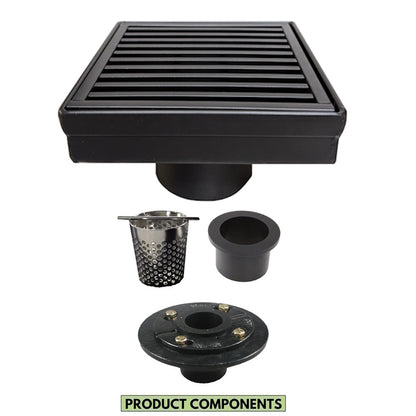 4 Inch Black Square Floor Drain with Hair Trap and Base Flange Wedgewire Design