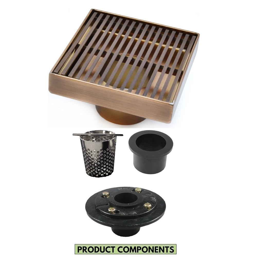 4 Inch Bronze Modern Shower Drain with Hair Strainer and Base Flange Wedge Wire Design