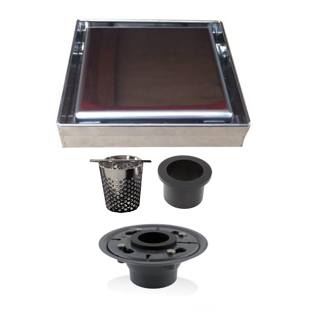5 Inch Brushed Solid Flat Cover Square Drain with Hair Strainer and Base Flange