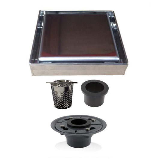 5 Inch Brushed Solid Flat Cover Square Drain with Hair Strainer and Base Flange
