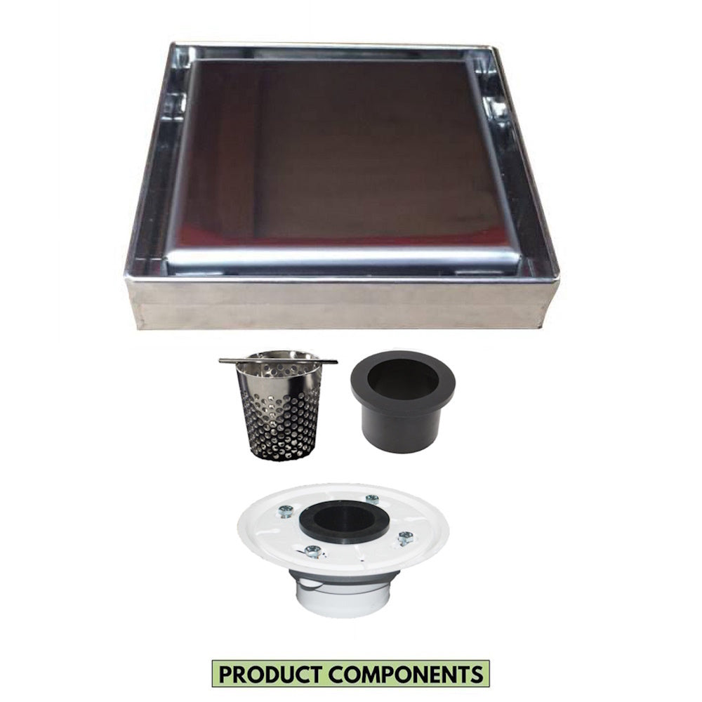 5 Inch Brushed Solid Flat Cover Square Drain with Hair Strainer and Base Flange