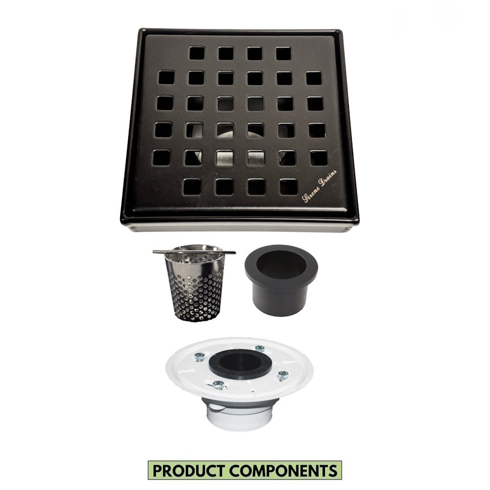 4 Inch Black Shower Drain Kit with Hair Trap and Base Flange