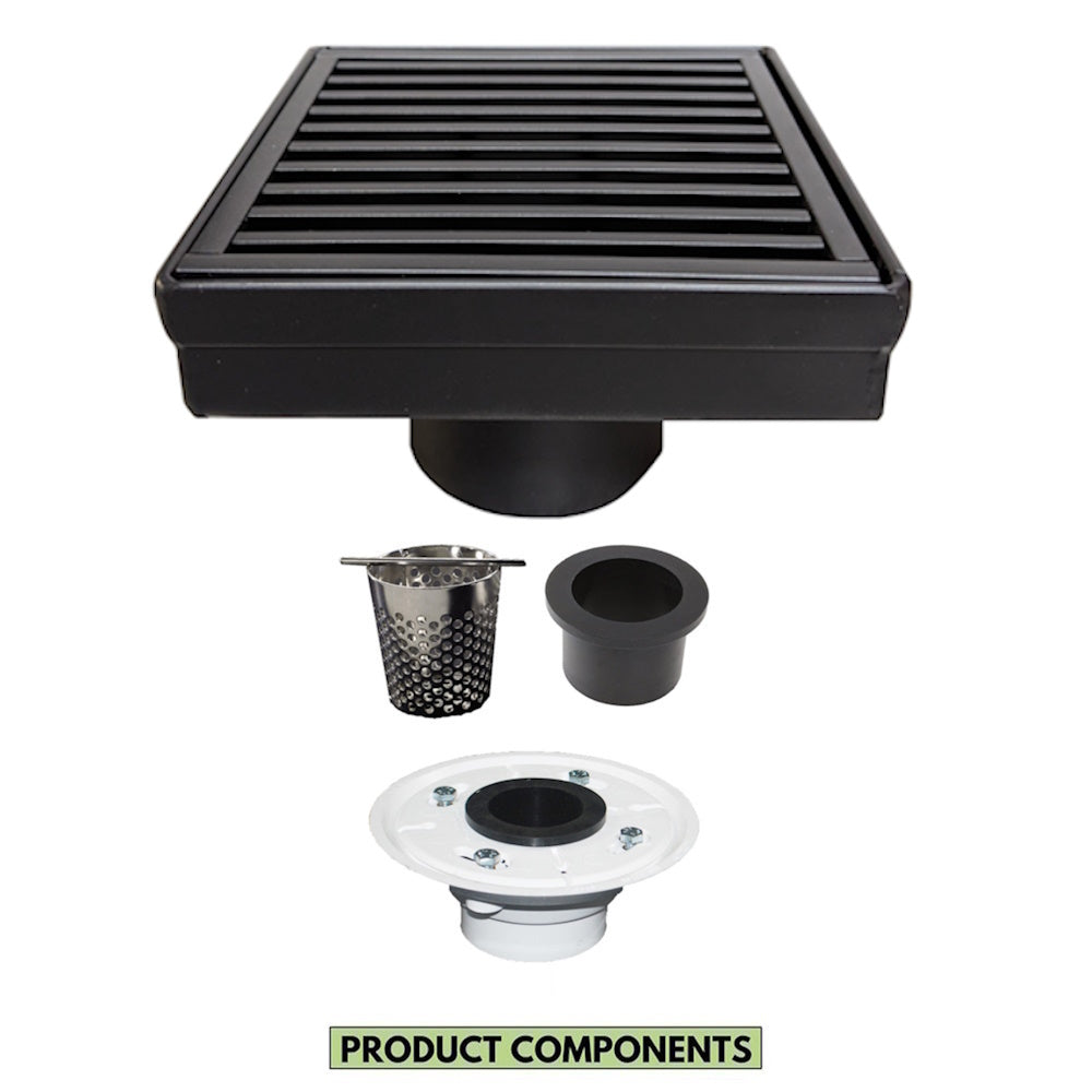 4 Inch Black Square Floor Drain with Hair Trap and Base Flange Wedgewire Design