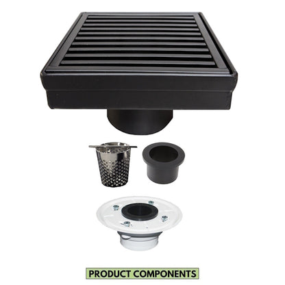 4 Inch Black Square Floor Drain with Hair Trap and Base Flange Wedgewire Design