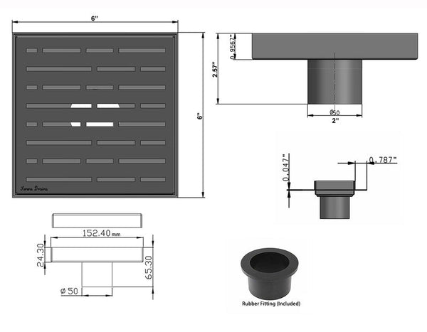 6 Inch Polished Square Shower Drain with Hair Catcher and Base Flange Kit
