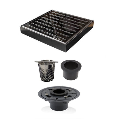 6 Inch Polished Square Shower Drain with Hair Catcher and Base Flange Kit