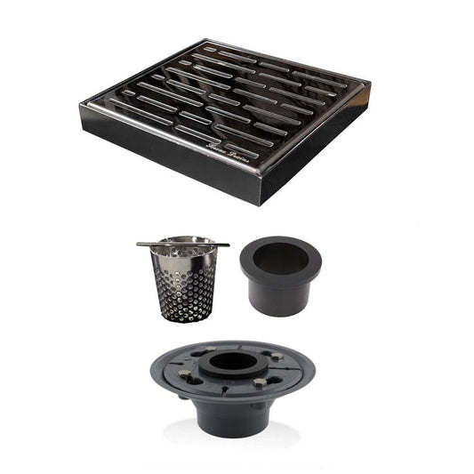6 Inch Polished Square Shower Drain with Hair Catcher and Base Flange Kit