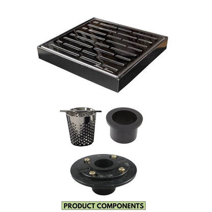 6 Inch Polished Square Shower Drain with Hair Catcher and Base Flange Kit