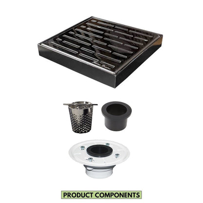 6 Inch Polished Square Shower Drain with Hair Catcher and Base Flange Kit