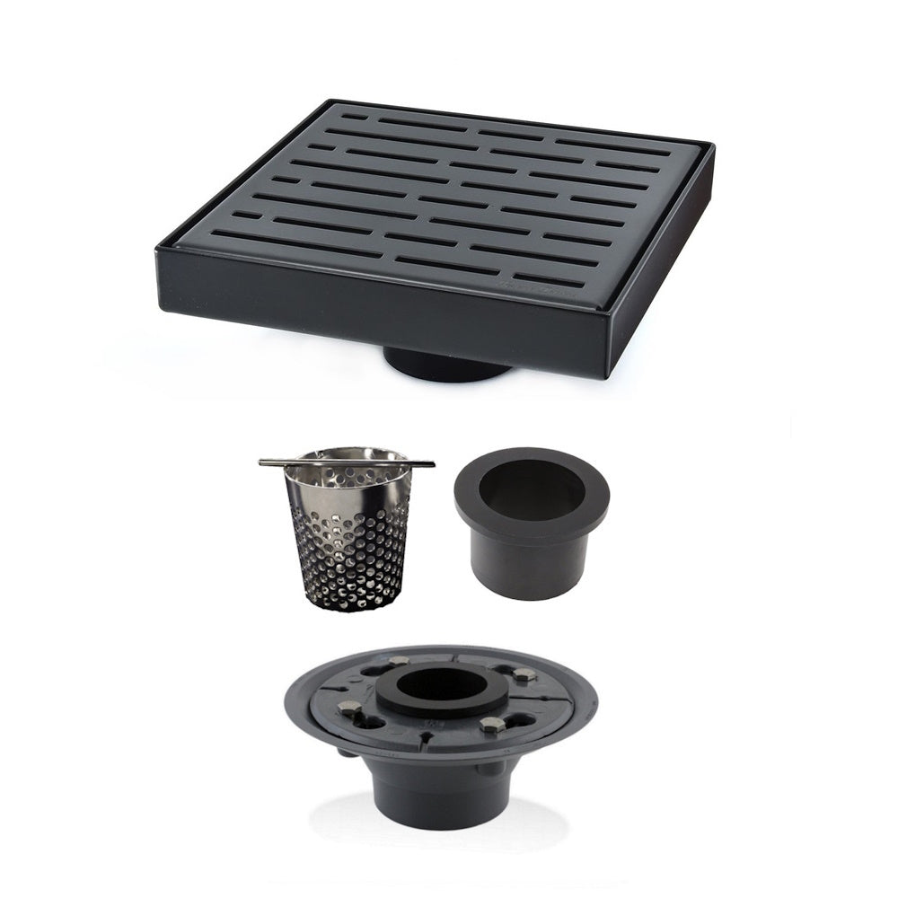 6 Inch Black Shower Drain for Bathrooms with Hair Trap and Drain Flange