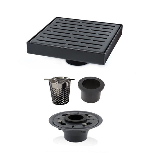 6 Inch Black Shower Drain for Bathrooms with Hair Trap and Drain Flange