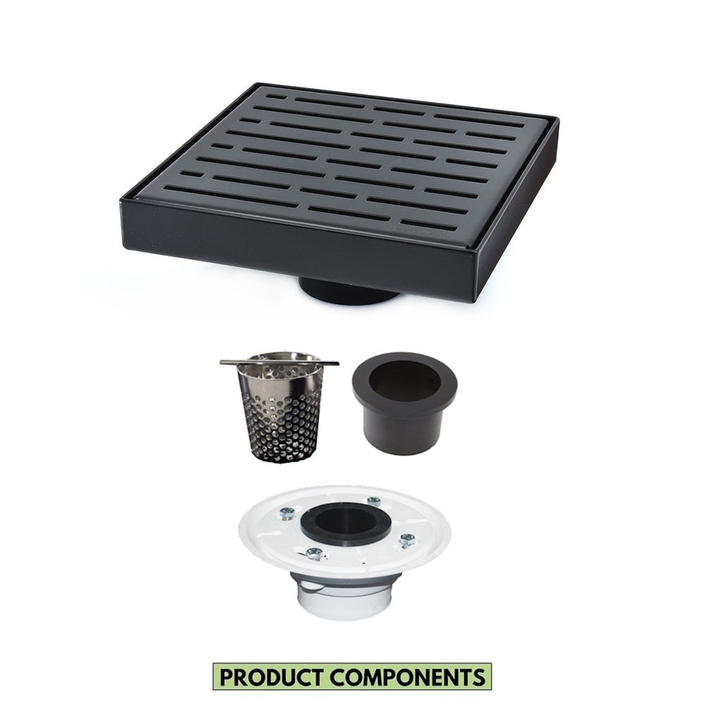 6 Inch Black Shower Drain for Bathrooms with Hair Trap and Drain Flange