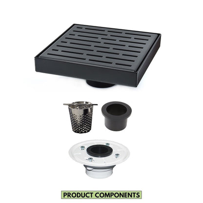 6 Inch Black Shower Drain for Bathrooms with Hair Trap and Drain Flange