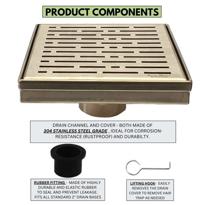 SereneDrains 6 Inch Square Gold Shower Drain Cover