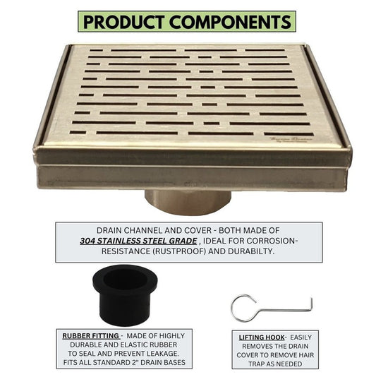 SereneDrains 6 Inch Square Gold Shower Drain Cover