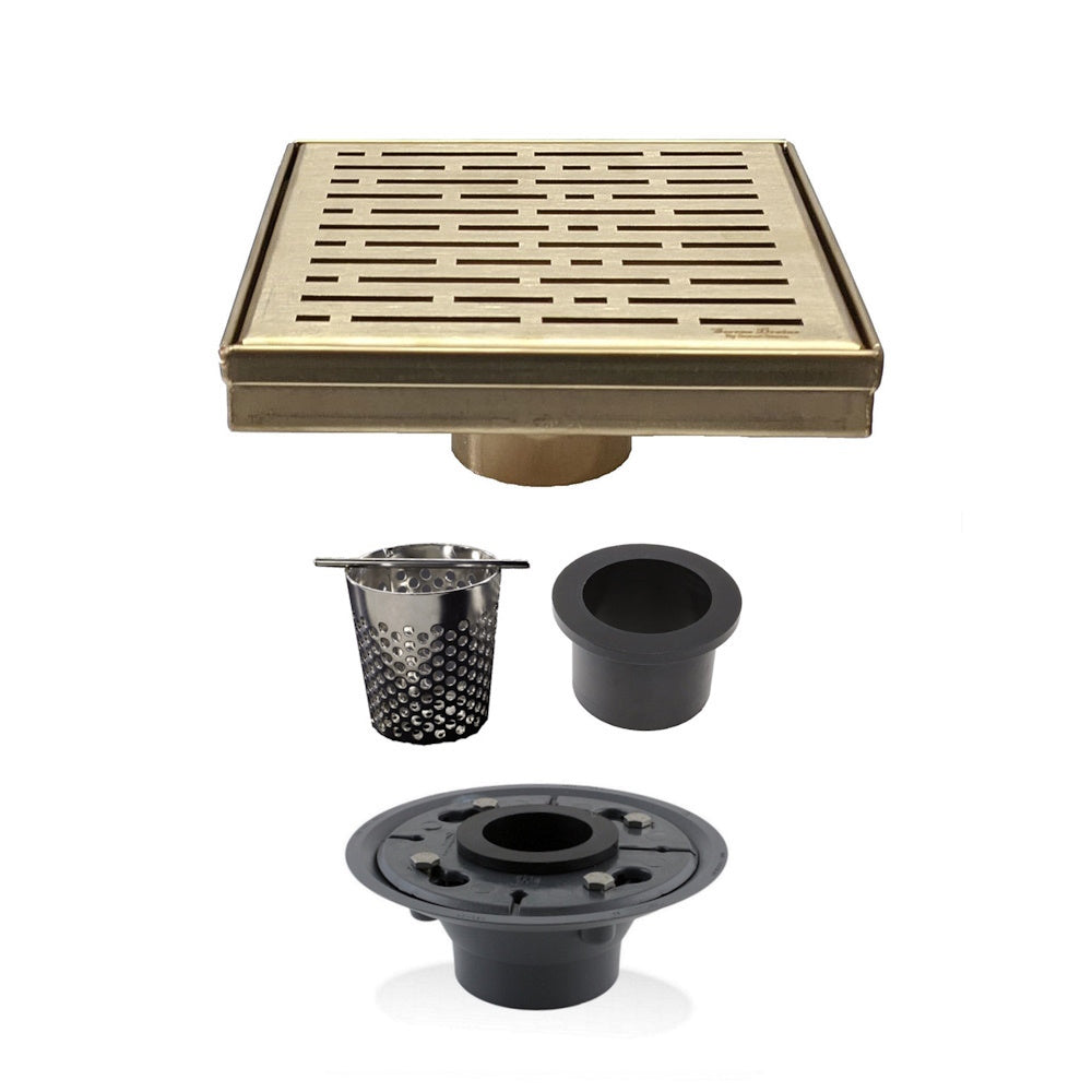 6 Inch Gold Square Shower Drain Cover with Hair Trap and Base Flange – Broken Lane Design