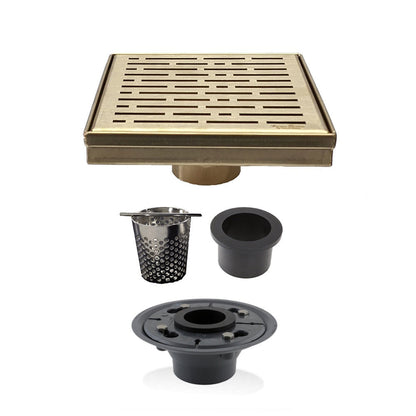 6 Inch Gold Square Shower Drain Cover with Hair Trap and Base Flange – Broken Lane Design