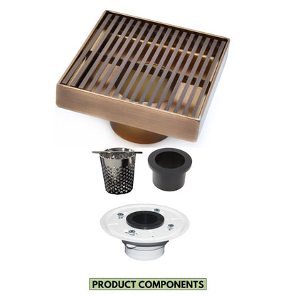 4 Inch Bronze Modern Shower Drain with Hair Strainer and Base Flange Wedge Wire Design