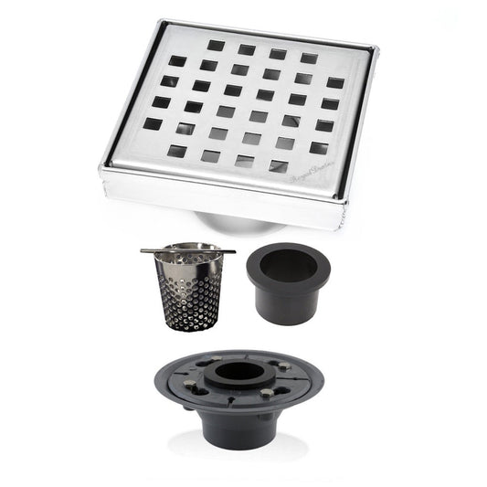 4 Inch Brushed Square Drain Kit with Hair Trap and Base Flange – Traditional Square Design