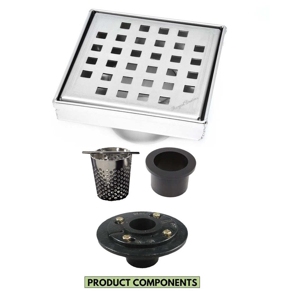 4 Inch Brushed Square Drain Kit with Hair Trap and Base Flange – Traditional Square Design